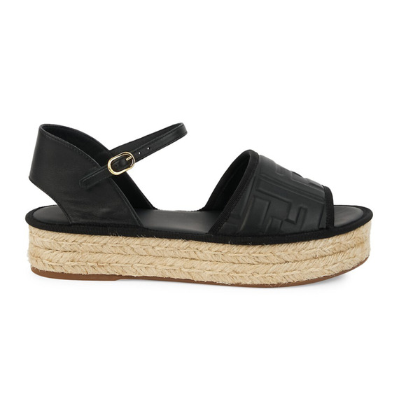 Fendi Black Leather Logo Slide Flat Ankle Strap Platform Espadrille Sandal 36.5 - Picture 1 of 11